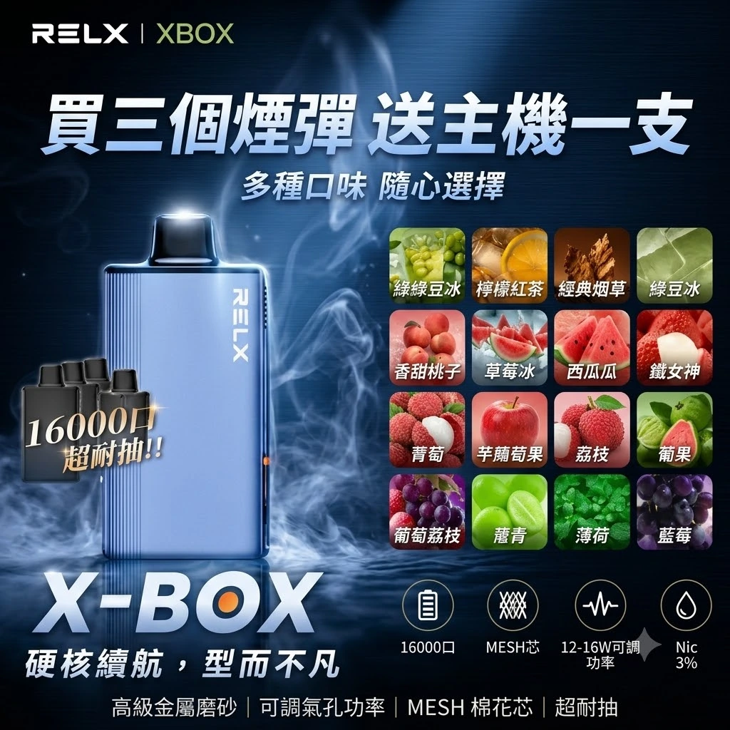 RELX悅刻-x-box-拋棄式16000口-台灣現貨-1.webp RELX X-BOX 16000口 換彈式電子煙主機 | 高口數煙彈系統 × Mesh霧化輸出 × 買三顆送主機:圖片 1